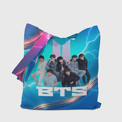Сумка-шопер BTS синий фон с молниями, цвет: 3D-принт