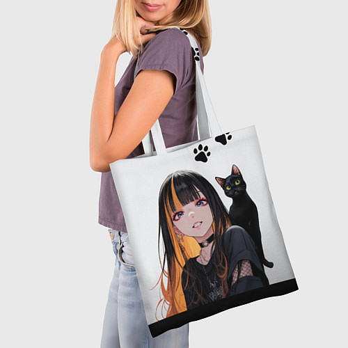 Сумка-шоппер Девушка и кот / 3D-принт – фото 3