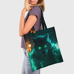 Сумка-шопер Волк с зелеными глазами с молниями, цвет: 3D-принт — фото 2