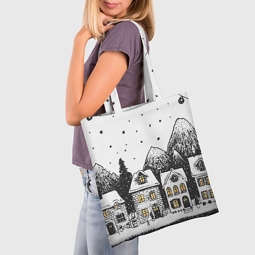 Сумка-шоппер Черно-белый новогодний город / 3D-принт – фото 3