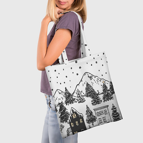 Сумка-шоппер Заснеженный черно-белый город / 3D-принт – фото 3