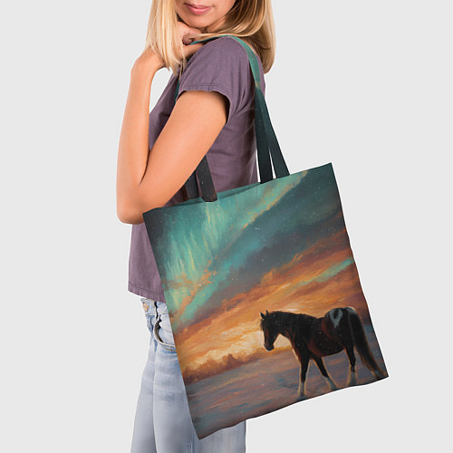 Сумка-шоппер Лошадь на фоне северного сиянми / 3D-принт – фото 3
