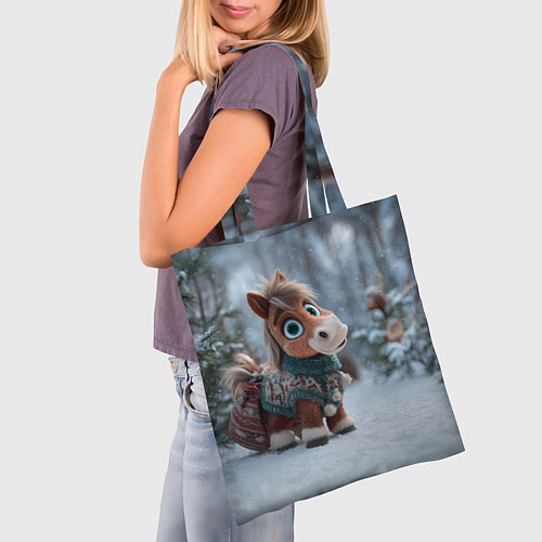 Сумка-шоппер Маленькая лошадка в новогоднем лесу / 3D-принт – фото 3