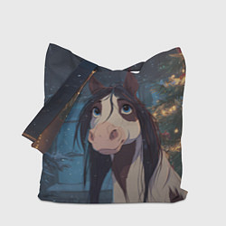 Сумка-шопер Белая пятнистая новогодняя лошадка, цвет: 3D-принт