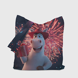Сумка-шопер Лошадь с подарком на фоне салюта, цвет: 3D-принт