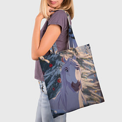 Сумка-шопер Белая лошадь на фоне елки, цвет: 3D-принт — фото 2