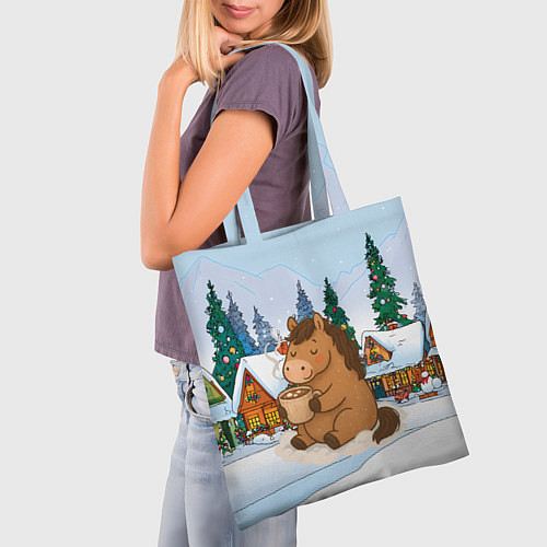 Сумка-шоппер Милая лошадка пьет какао / 3D-принт – фото 3