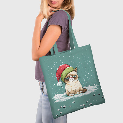 Сумка-шоппер Недовольный новогодний котик / 3D-принт – фото 3
