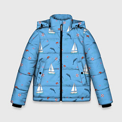 Куртка зимняя для мальчика Море, дельфины, парусник, цвет: 3D-черный