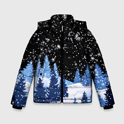 Куртка зимняя для мальчика Снежная ночь в зимнем лесу, цвет: 3D-черный