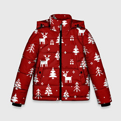 Зимняя куртка для мальчика Новогодние олени и елки на красном фоне
