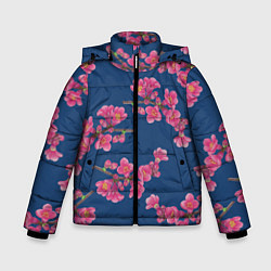 Куртка зимняя для мальчика Веточки айвы с розовыми цветами на синем фоне, цвет: 3D-черный
