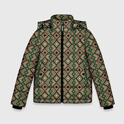 Куртка зимняя для мальчика Абстракция из черных, зеленых и бежевых квадратов, цвет: 3D-светло-серый