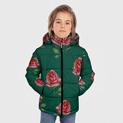 Куртка зимняя для мальчика Ярко красные розы на темно-зеленом фоне, цвет: 3D-светло-серый — фото 2