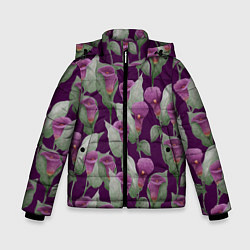Зимняя куртка для мальчика Фиолетовые каллы на темно фиолетовом фоне
