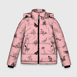 Зимняя куртка для мальчика Цветочки и бабочки на розовом фоне