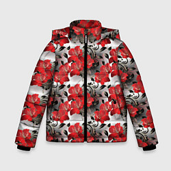Куртка зимняя для мальчика Красные абстрактные цветы, цвет: 3D-светло-серый