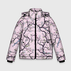 Куртка зимняя для мальчика Цветы Сакуры и Птицы На Ветках, цвет: 3D-черный