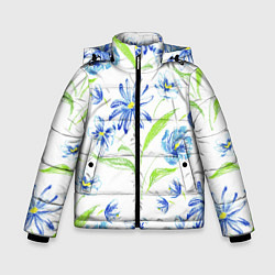 Куртка зимняя для мальчика Цветы Синие Нарисованные Карандашами, цвет: 3D-черный