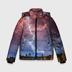 Куртка зимняя для мальчика Грозовые разряды молний над лесом, цвет: 3D-черный