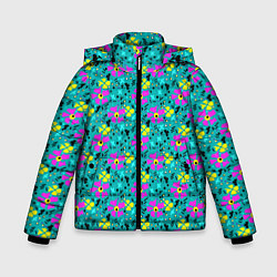 Куртка зимняя для мальчика Яркий цветочный узор на бирюзовом фоне, цвет: 3D-черный