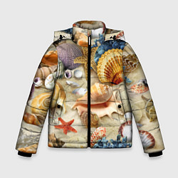 Куртка зимняя для мальчика Морские раковины, кораллы, морские звёзды на песке, цвет: 3D-черный