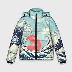 Куртка зимняя для мальчика Морской пейзаж с большими волнами на закате, цвет: 3D-светло-серый