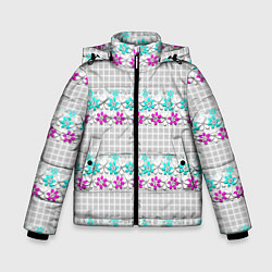 Зимняя куртка для мальчика Цветочный узор бирюзово-розовый на сером клетчатом