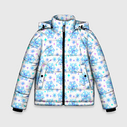 Куртка зимняя для мальчика Снежинки с цветными звездами на белом фоне, цвет: 3D-черный