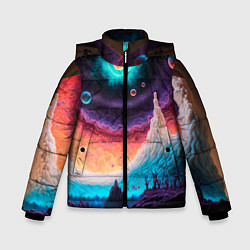 Куртка зимняя для мальчика Абстрактный кусок земли со снежным лесом и космосо, цвет: 3D-черный