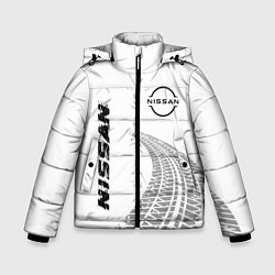 Куртка зимняя для мальчика Nissan speed на светлом фоне со следами шин: надпи, цвет: 3D-черный