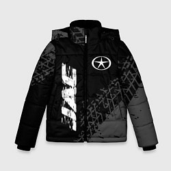 Куртка зимняя для мальчика JAC speed на темном фоне со следами шин: надпись,, цвет: 3D-черный
