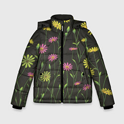 Куртка зимняя для мальчика Полевые цветочки на темном фоне, цвет: 3D-светло-серый