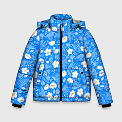 Куртка зимняя для мальчика Белые птицы голуби и цветы яблони на синем фоне не, цвет: 3D-светло-серый