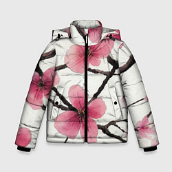 Куртка зимняя для мальчика Цветы и ветви японской сакуры - текстура холста, цвет: 3D-черный
