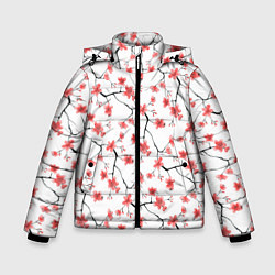 Куртка зимняя для мальчика Акварельные цветы сакуры паттерн, цвет: 3D-черный