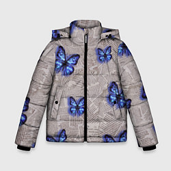 Куртка зимняя для мальчика Газетные обрывки и синие бабочки, цвет: 3D-светло-серый