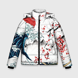 Куртка зимняя для мальчика Хокусай большая волна в Канагаве - пародия укиё, цвет: 3D-черный
