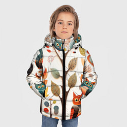 Куртка зимняя для мальчика Совы в осеннем лесу в стиле фолк-арт, цвет: 3D-светло-серый — фото 2