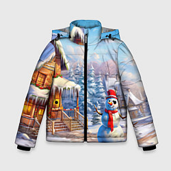 Куртка зимняя для мальчика Новогодняя деревня и снеговик, цвет: 3D-черный