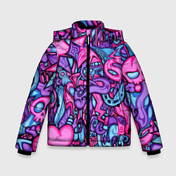 Куртка зимняя для мальчика Узор розово-фиолетовый черепа и сердца, цвет: 3D-черный