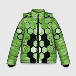 Куртка зимняя для мальчика Зелёная кибер броня hexagons, цвет: 3D-светло-серый