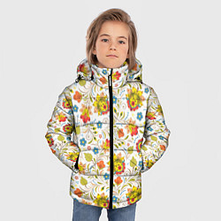Куртка зимняя для мальчика Хохломская роспись разноцветные цветы на белом фон, цвет: 3D-красный — фото 2
