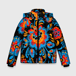 Зимняя куртка для мальчика Хохломская роспись разноцветные цветы на чёроном ф