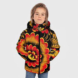 Куртка зимняя для мальчика Хохломская роспись красно-жёлтые цветы на чёрном ф, цвет: 3D-светло-серый — фото 2