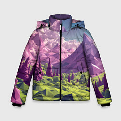 Куртка зимняя для мальчика Геометрический зеленый пейзаж и фиолетовые горы, цвет: 3D-черный
