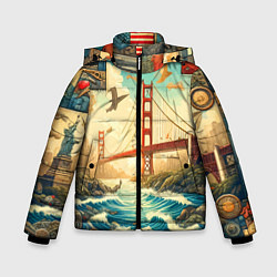 Куртка зимняя для мальчика Мост через реку и пэчворк - нейросеть арт USA brid, цвет: 3D-черный