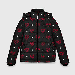 Куртка зимняя для мальчика Красные сердечки и белые точки на черном, цвет: 3D-красный
