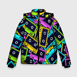 Куртка зимняя для мальчика Неоновые кассеты, цвет: 3D-черный
