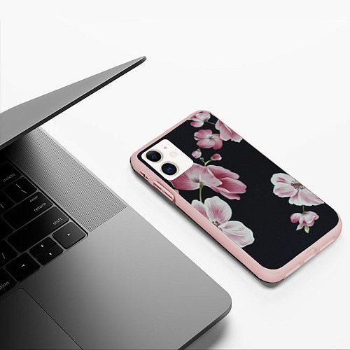 Чехол iPhone 11 матовый Цветы на черном фоне / 3D-Светло-розовый – фото 3